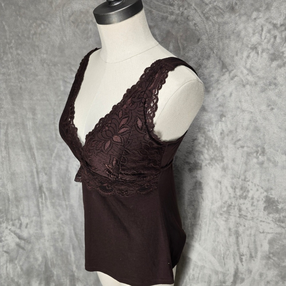 Y2K WetSeal Tank Top Women L Brown Lace Trim Empire Waist Tie Back Stretch Fairy - Picture 2 of 9